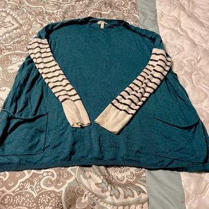 Matilda Jane Women Corie Pullover Sweater Tunic Teal Striped Sleeves Sz XXL